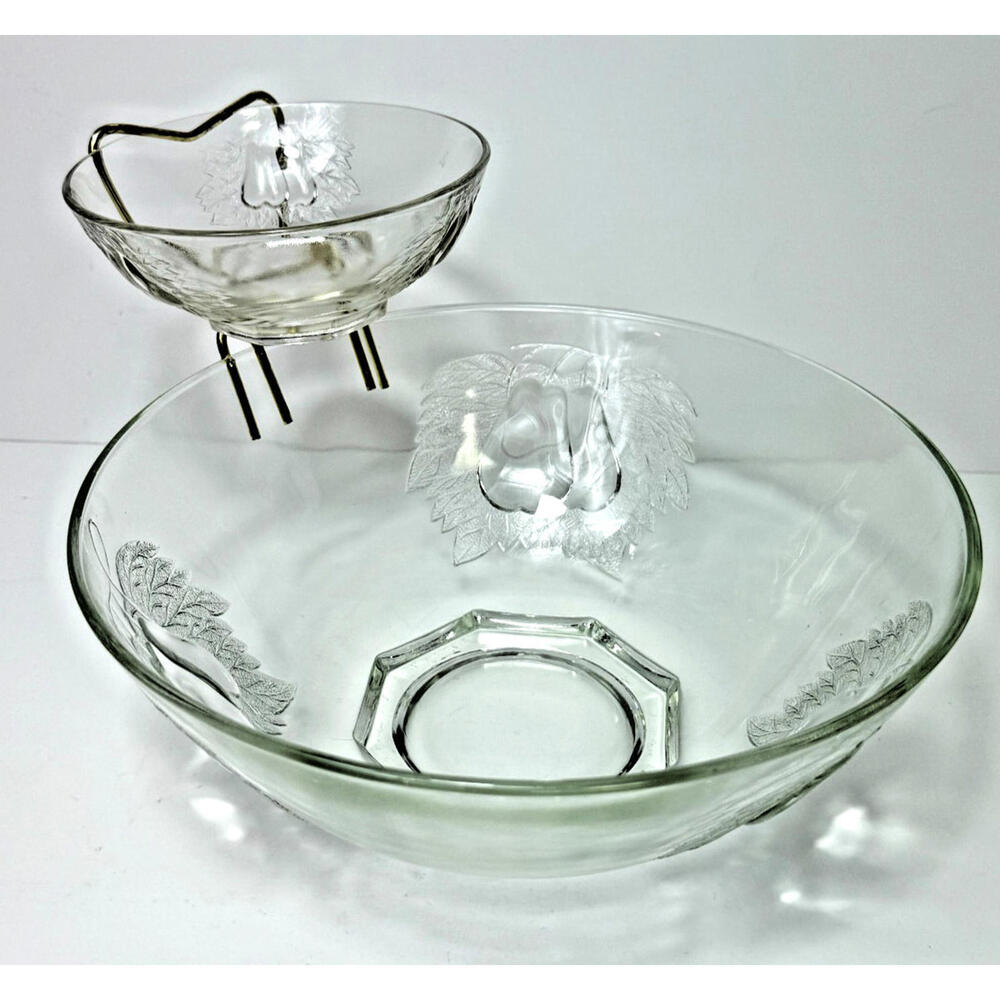 Vintage Jeanette Pressed Glass Baltimore Pears Chip Dip Serving Bowl Set w Hook